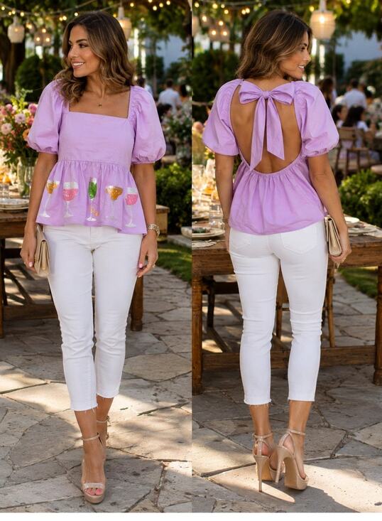 Peach Love Tops - NWT Peach Love Lilac Sequin Cocktail Glasses Applique Open Back Top w/Bow Tie